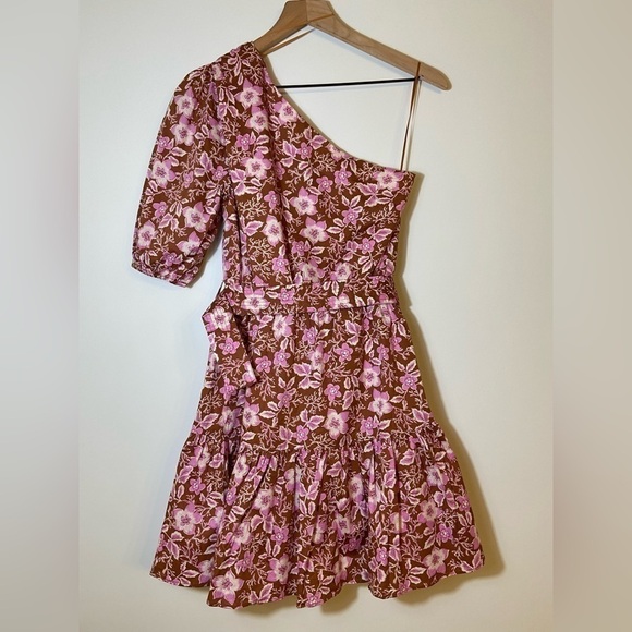 NEW Jason Wu One Shoulder Puff Sleeve Floral Belted Mini Dress Pink Tan Small - Picture 6 of 10